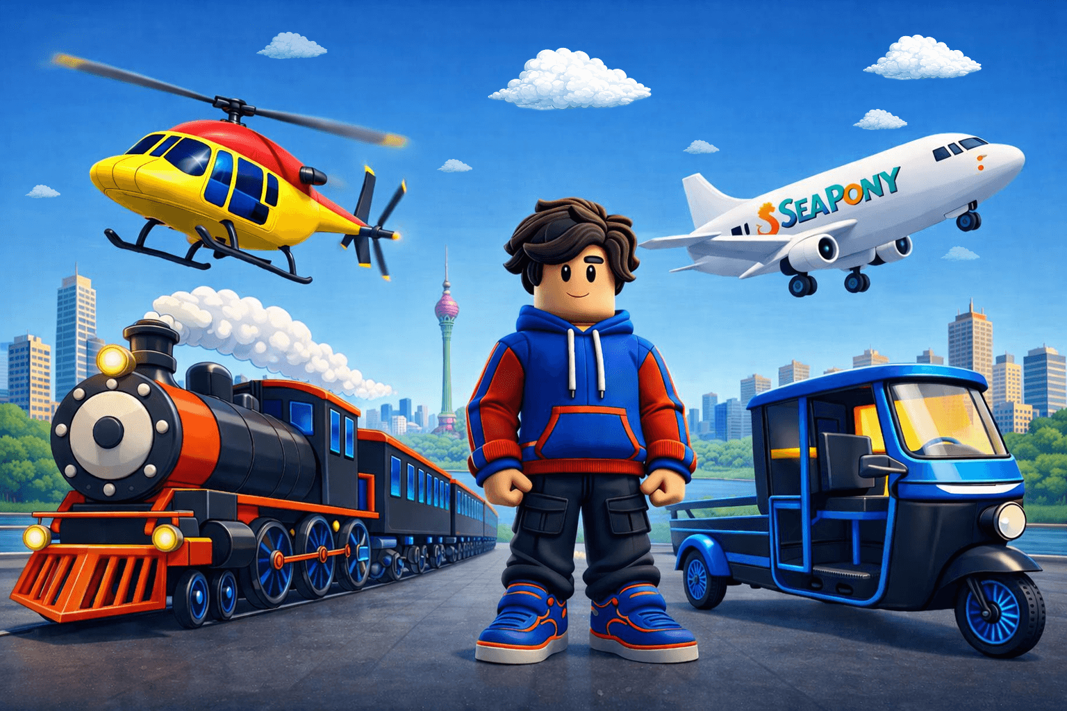 Stylized 3D illustration of a smiling character with a train, helicopter, SeaPony airplane, and tuk-tuk in a sunny city.